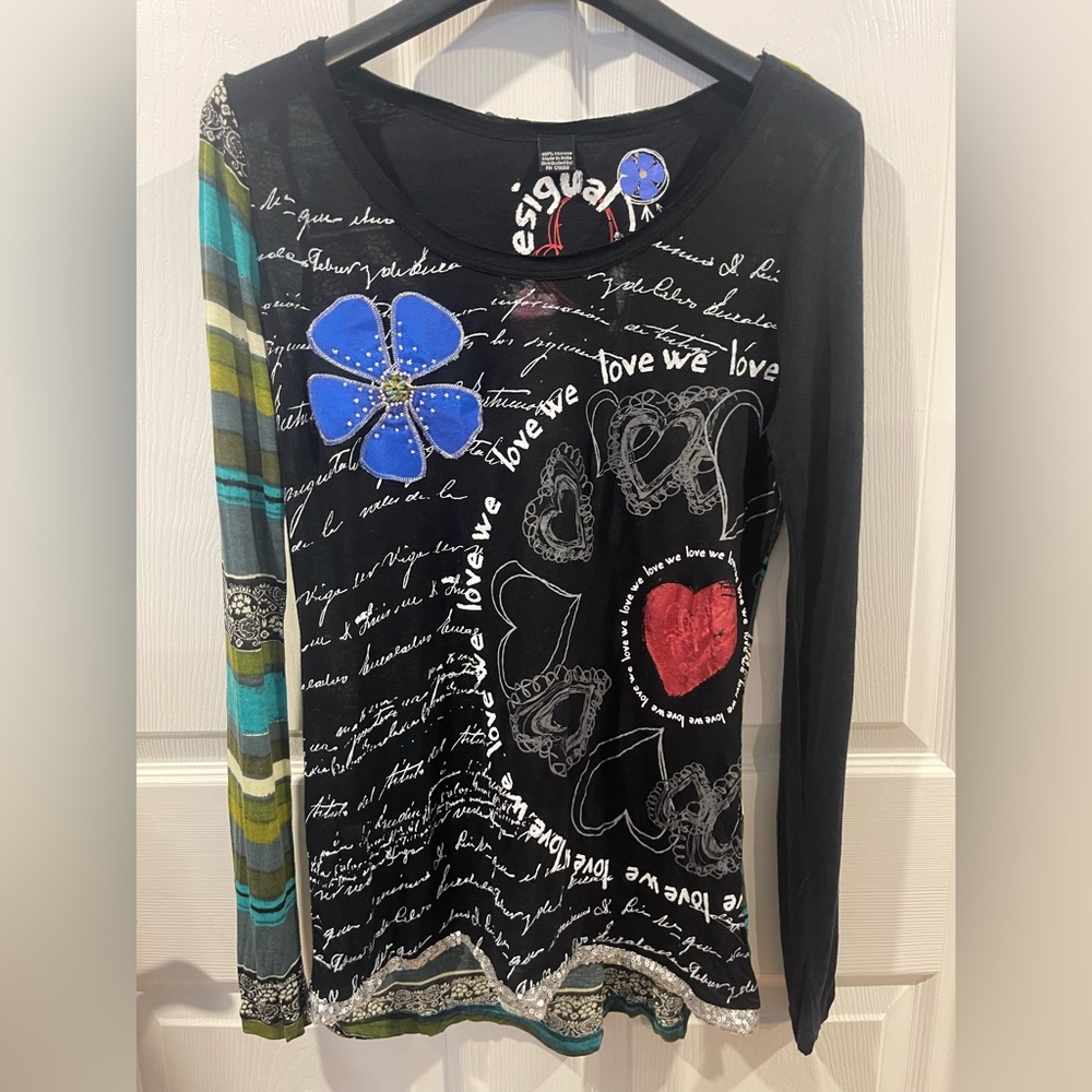 Desigual light Black Mixed-Print Long Sleeve Women's Top medium sequins boho